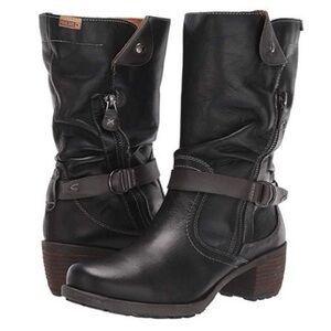 Pikolinos Le Mans 838-9629 Black Leather Combat Moto Boots Heeled Fall Winter